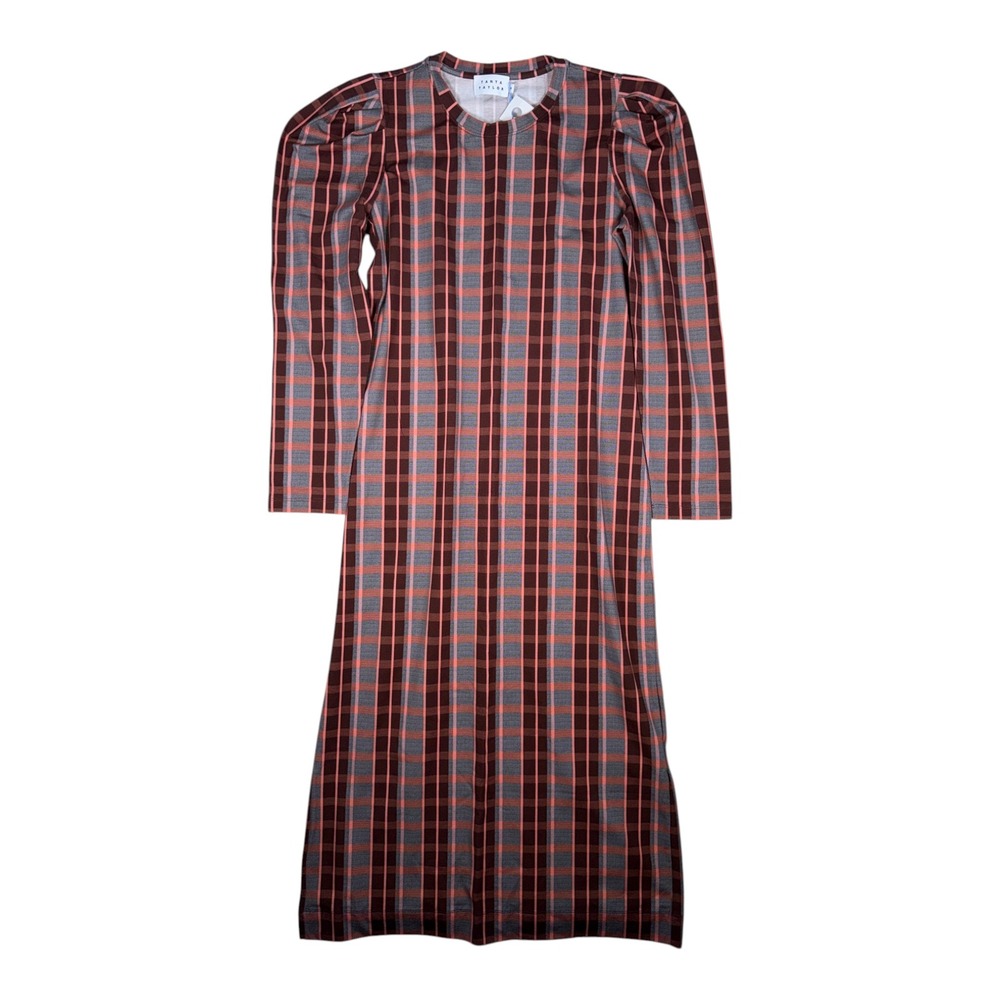 Tanya Taylor Nancy Plaid Midi Dress Brown Orange Grey Puff Sleeve Size M NEW